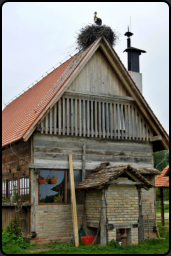 Renoviertes Holzhaus mit Storchennest
