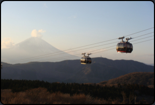 Hakone Ropeway, 2 Gondeln und Blick auf Mt. Fuji